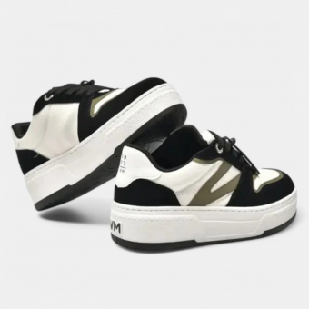 TENIS 223-002 OFF WHITE, PRETO E VERDE MILITAR CADARÇO COURO VIA MARTE